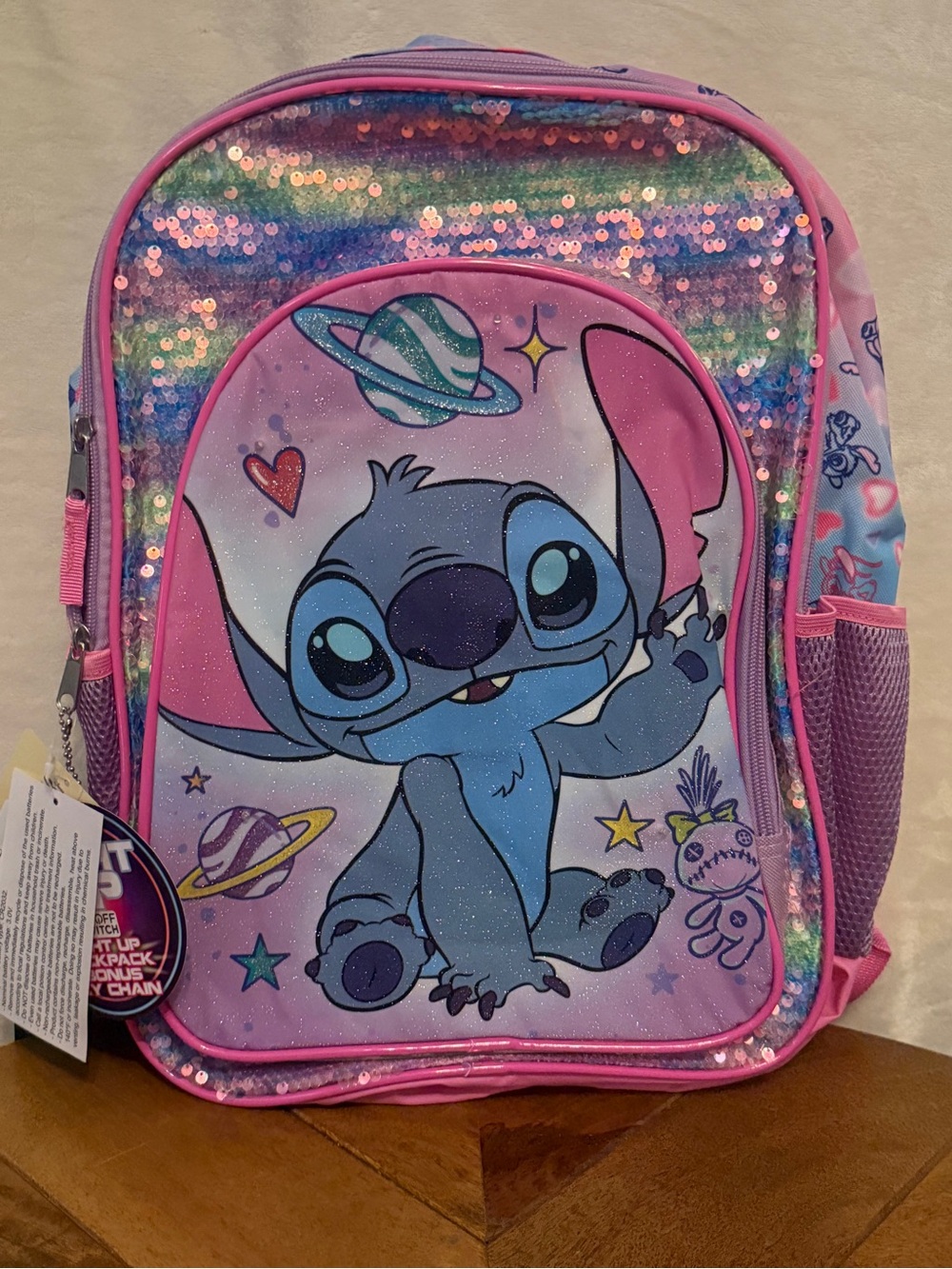 Disney Stitch & Angel 17” Light-Up Sequin Backpack with Bonus Keychain